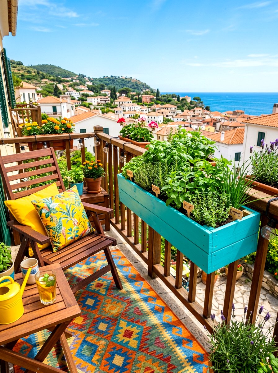 Colorful herb box - 30 balcony herb box ideas