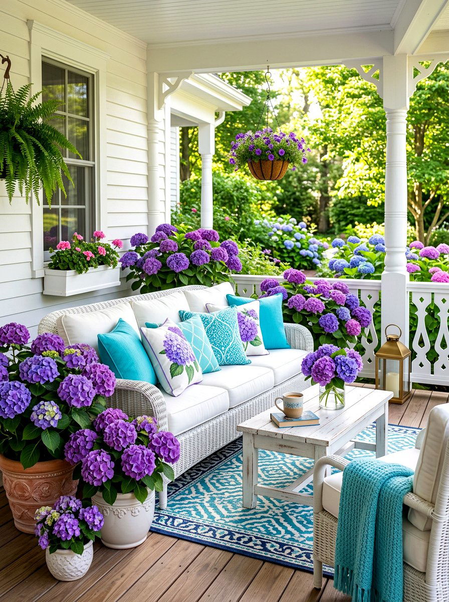 Colorful hydrangea porch seating area - 30 hydrangea heavy front porch ideas