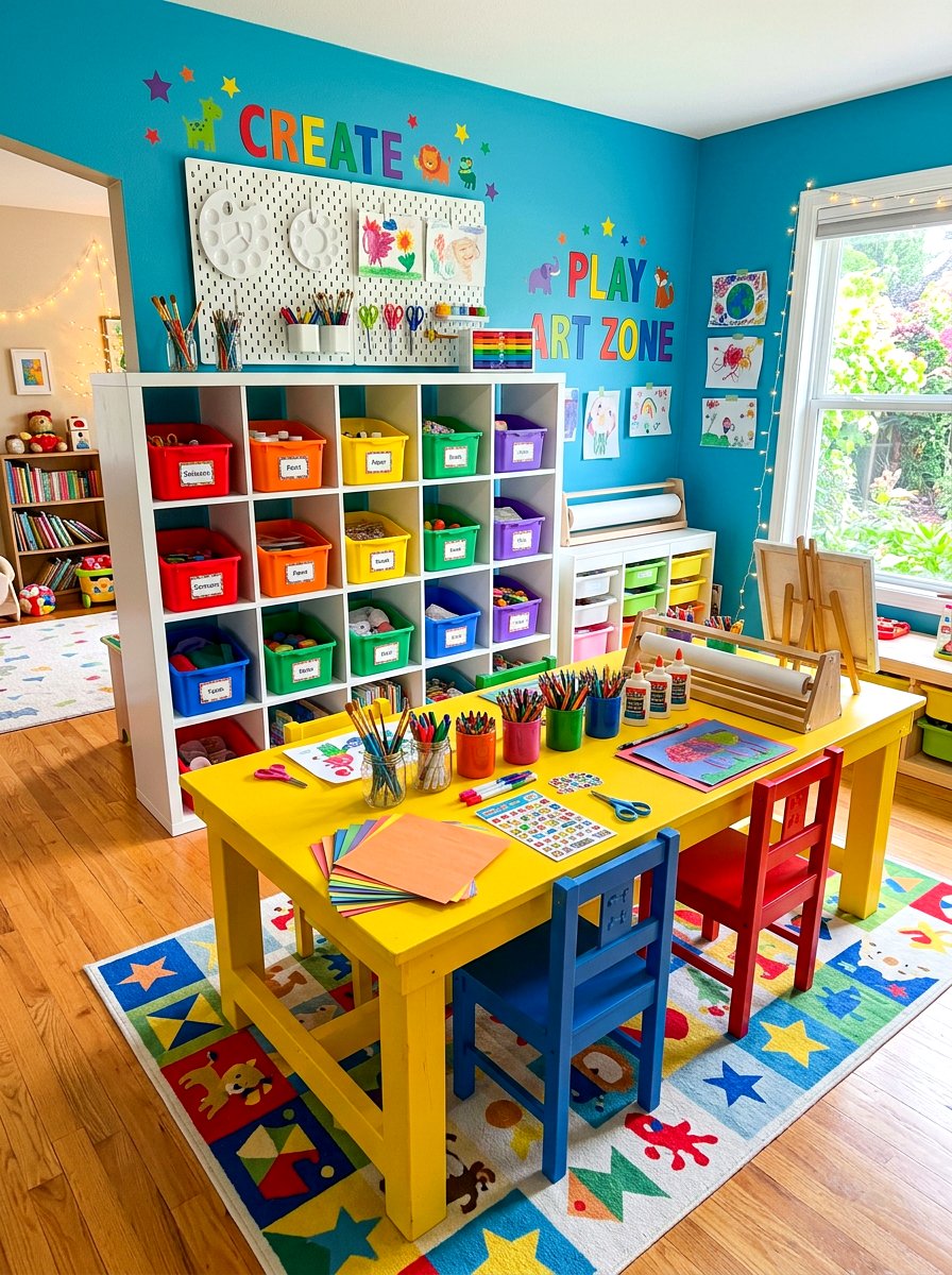 Colorful kids craft station - 30 homework nook ideas