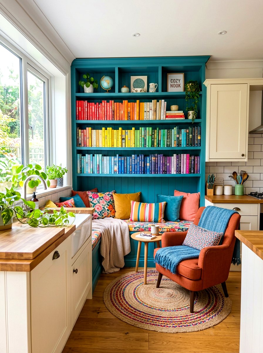 Colorful kitchen book nook - 30 cookbook shelf kitchen ideas