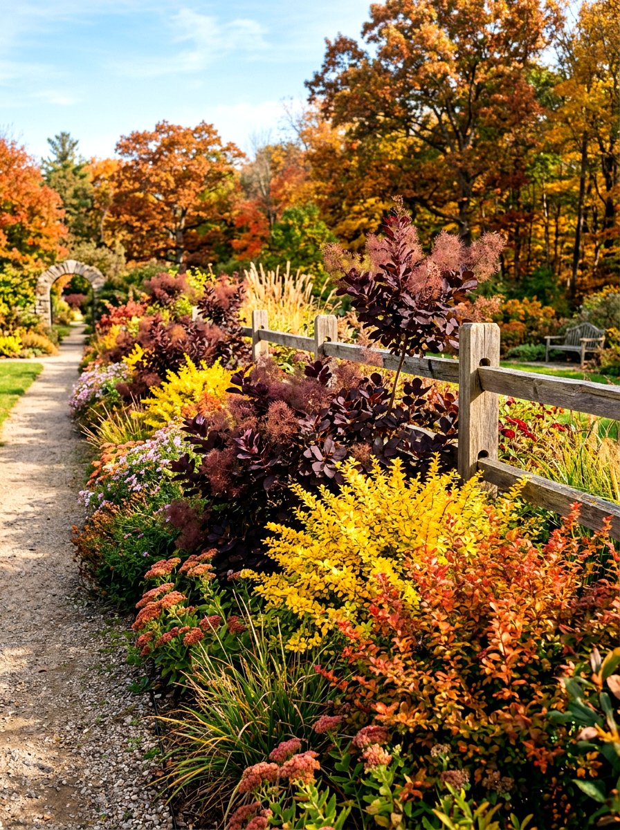 Colorful leaf shrub border - 30 border planting ideas along fence