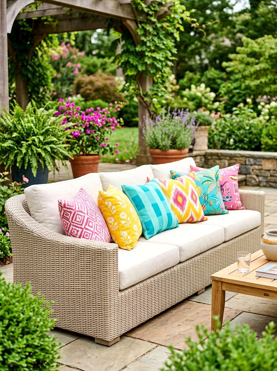Colorful outdoor throw pillows - 30 apartment patio entertaining ideas