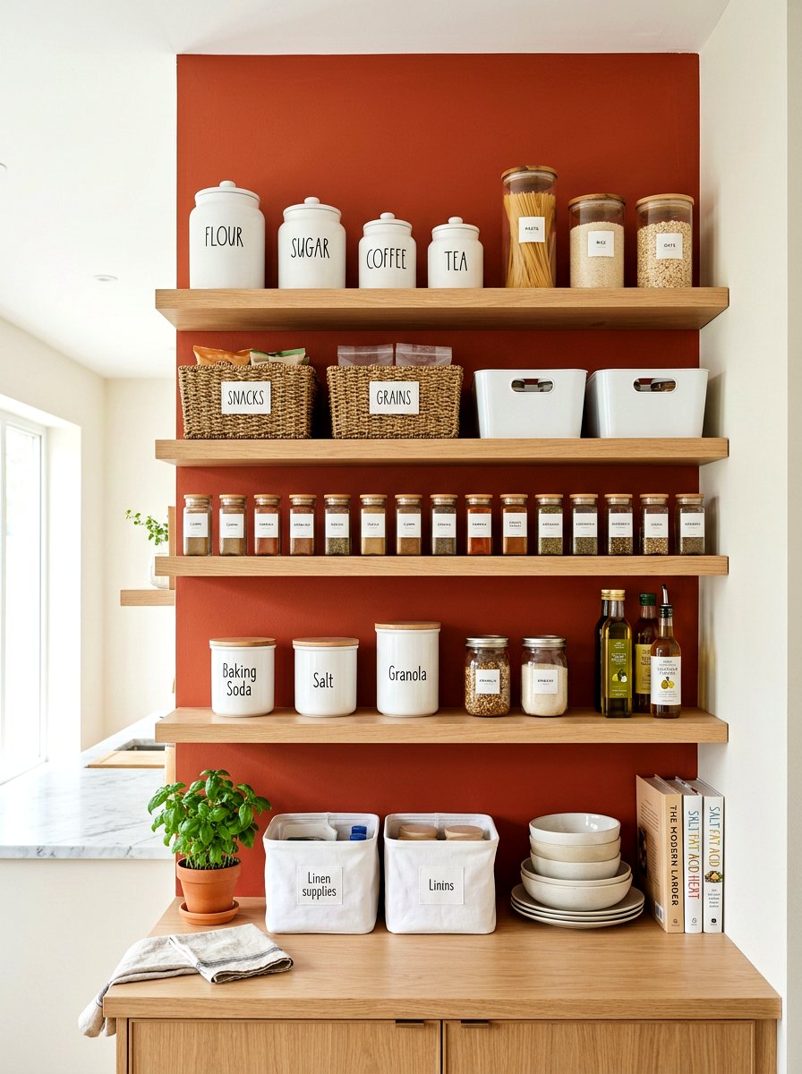 Colorful painted pantry backboard - 30 pantry with open shelving ideas