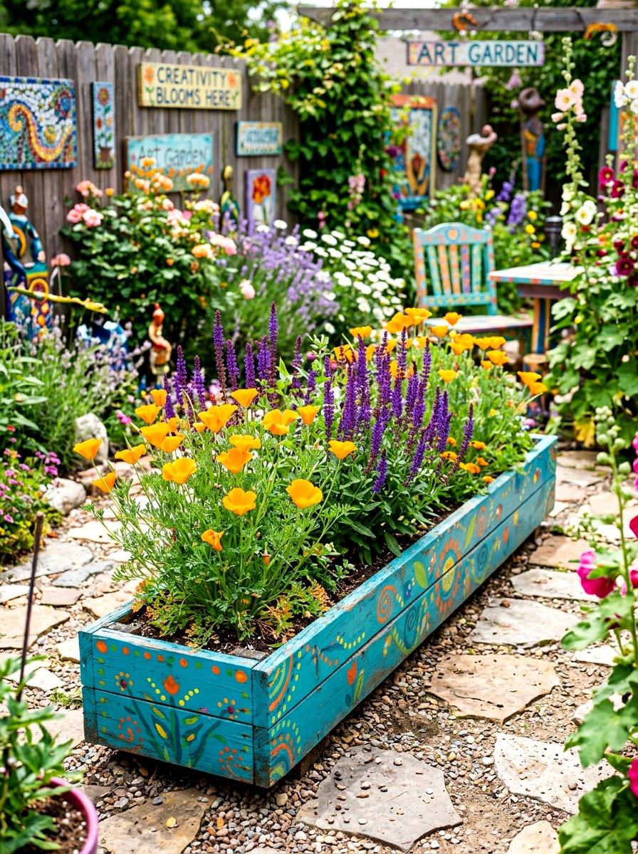 Colorful painted planter - 30 narrow raised bed ideas