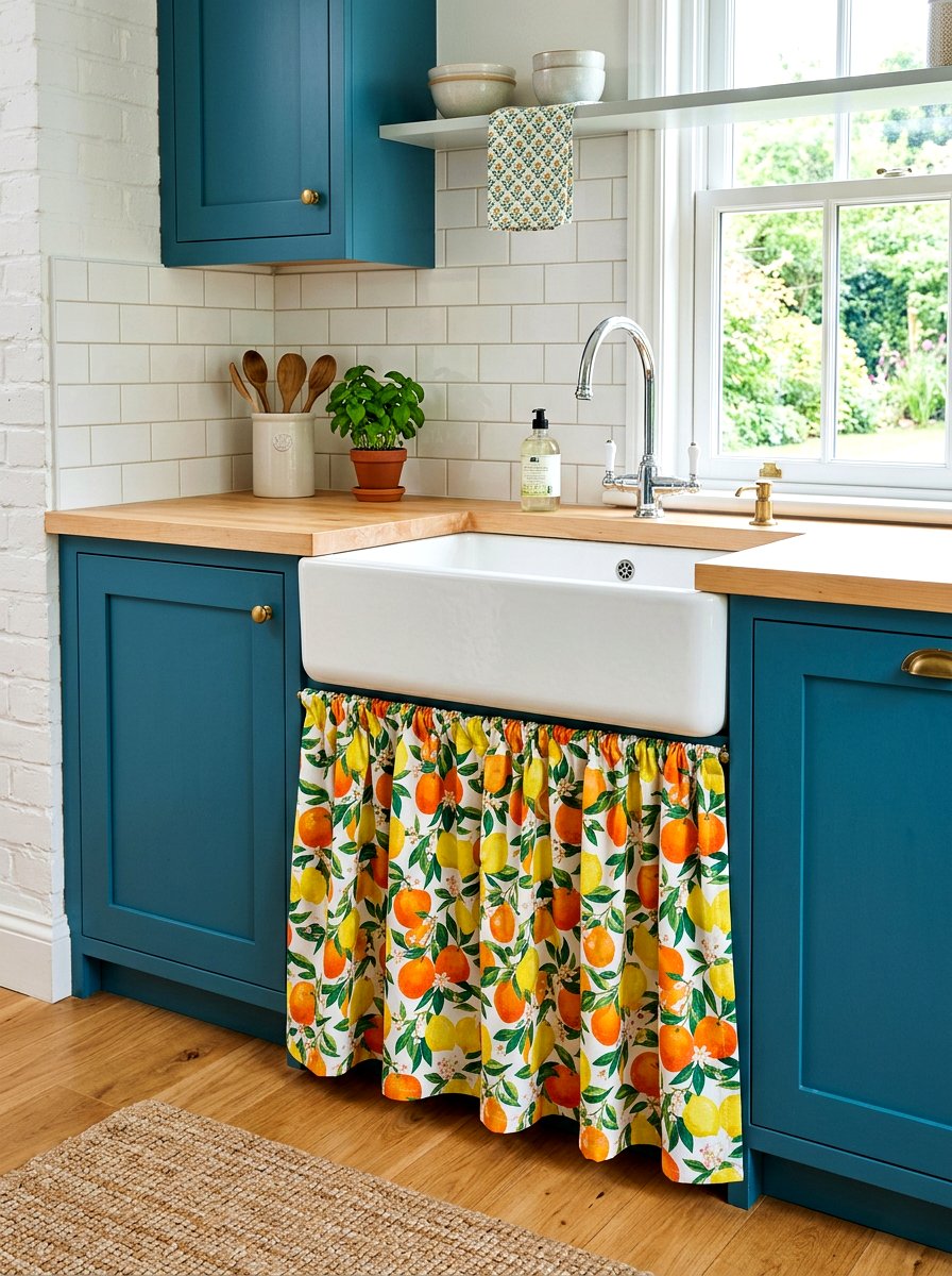 Colorful patterned sink skirt - 30 skirted sink ideas