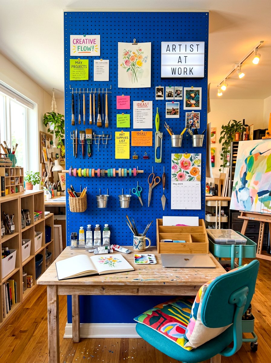 Colorful pegboard pinboard wall - 30 pinboard office aesthetic ideas