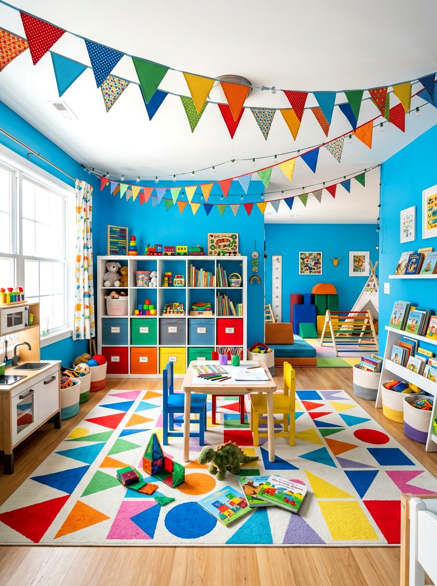 Colorful pennant banner playroom - 30 circuscore home decor ideas