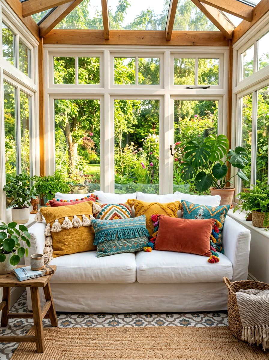Colorful pillow sunroom - 30 boho sunroom ideas