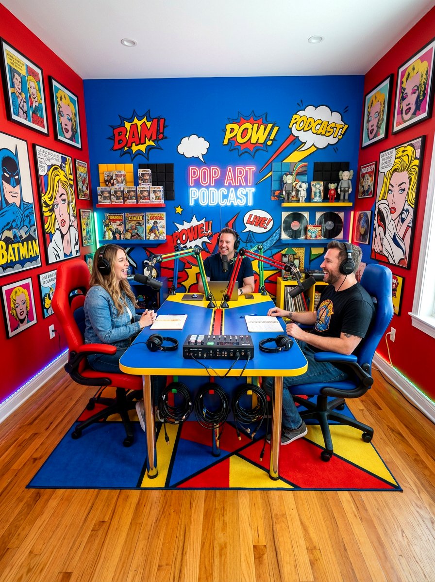 Colorful pop art podcast studio - 30 podcast room ideas