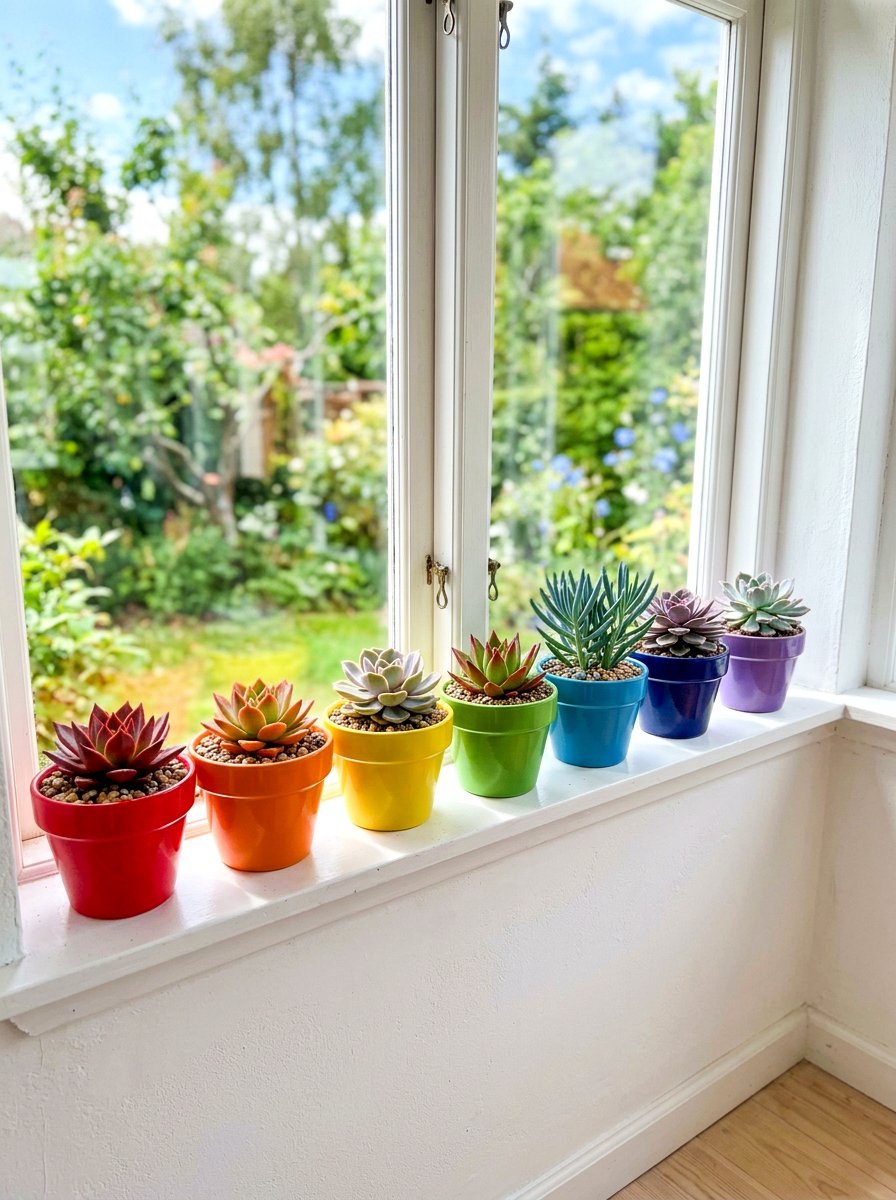 Colorful rainbow pots - 30 succulent windowsill ideas