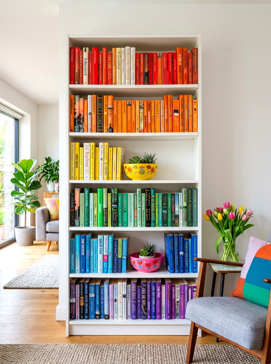 Colorful spring bookshelf - 30 bookshelf spring styling ideas
