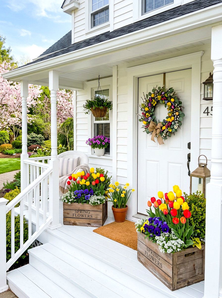 Colorful spring flower porch arrangements - 30 front porch planter ideas
