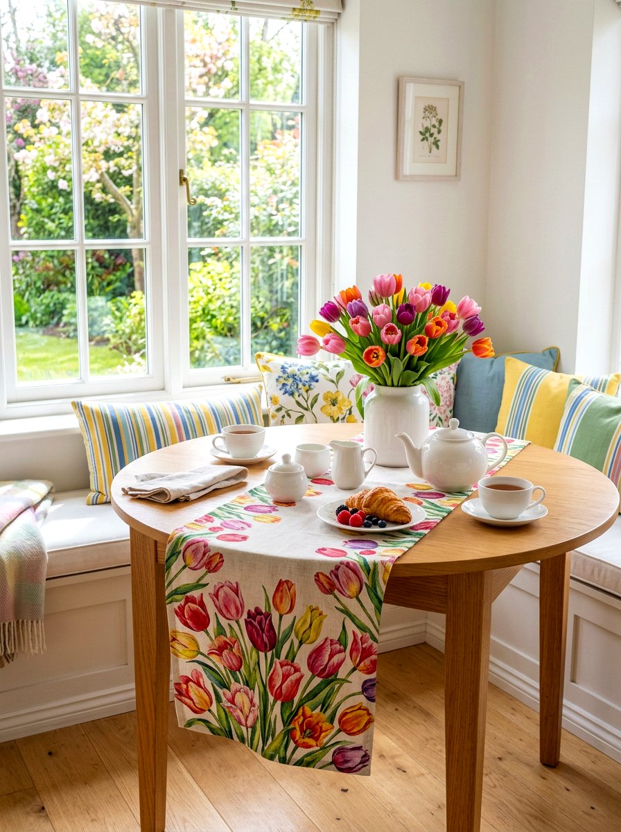 Colorful spring tulip table runner - 30 floral table runner ideas