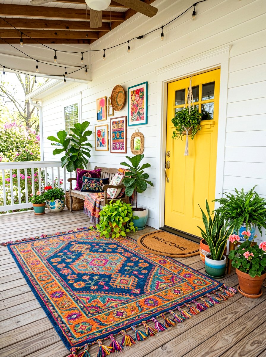 Colorful tassel edge rug - 30 porch doormat layering ideas