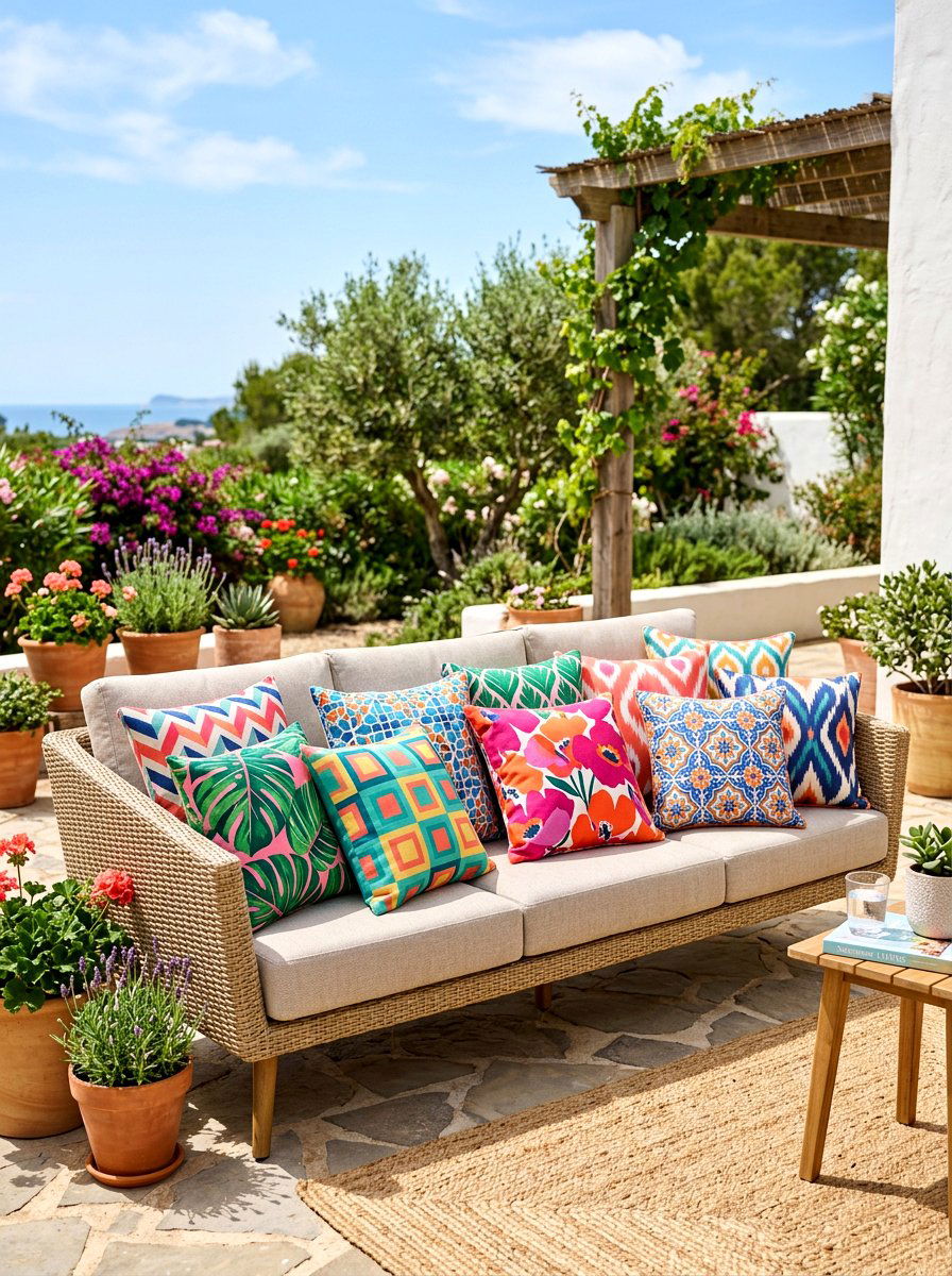 Colorful terrace pillows - 30 terrace lounge ideas aesthetic