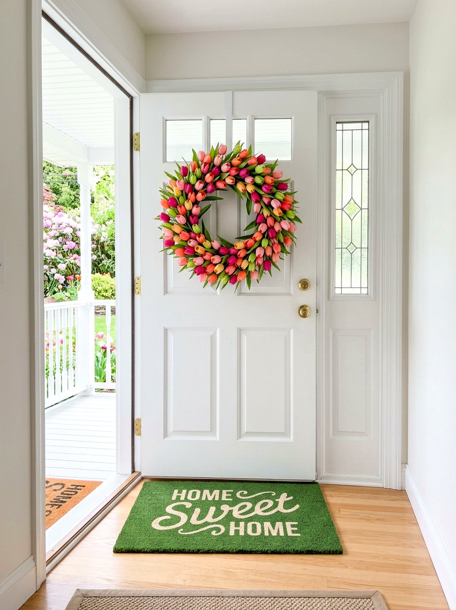 Colorful tulip wreath - 30 exterior wreath display ideas