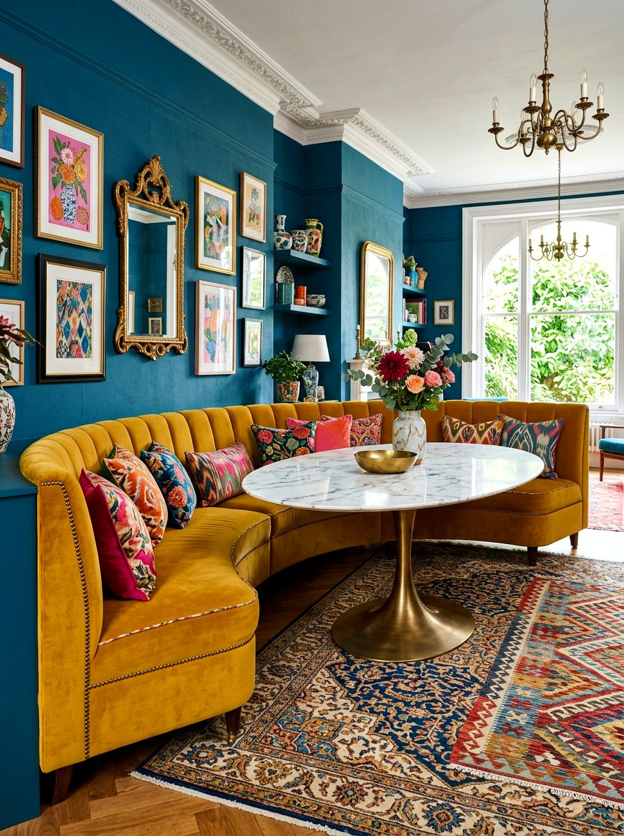 Colorful velvet curved seating - 30 curved banquette ideas
