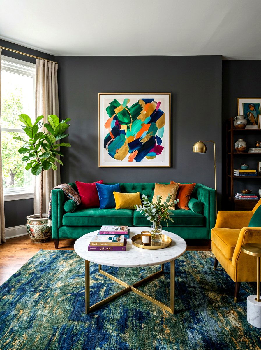 Colorful velvet living room - 30 family friendly living room ideas