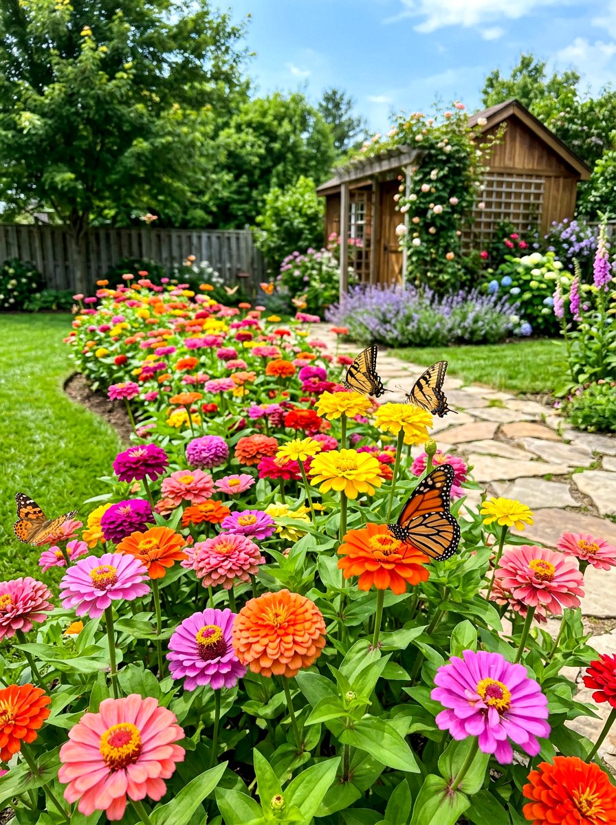 Colorful zinnia flower bed - 30 summer bloom garden ideas