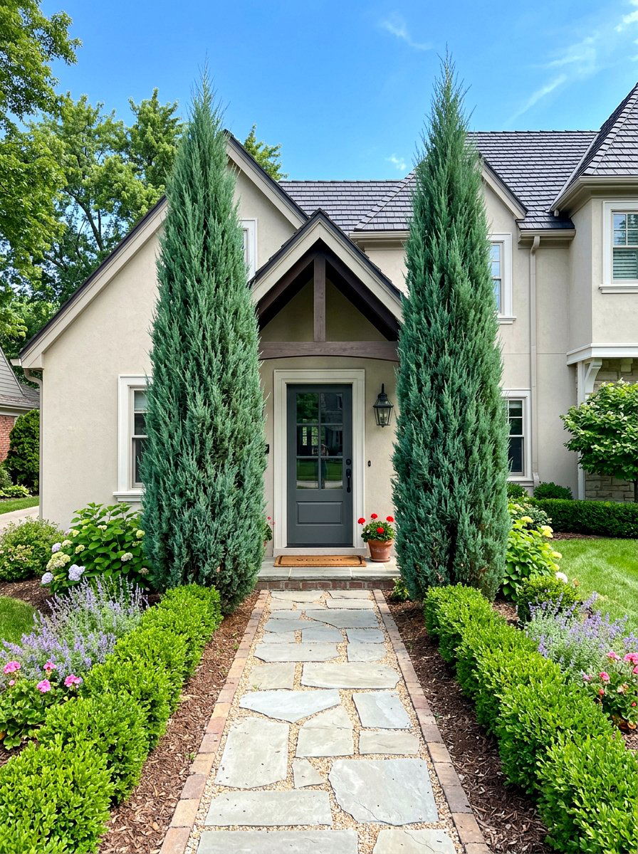 Columnar evergreen entryway - 30 evergreen front yard ideas