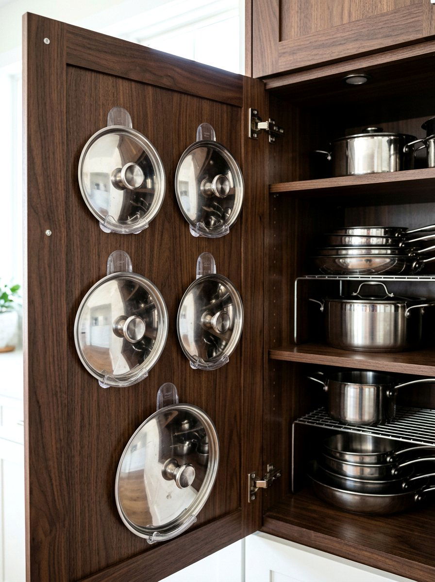 Command hook lid storage - 30 apartment kitchen storage ideas