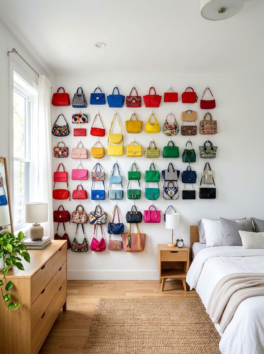 Command hook wall - 30 handbag storage ideas
