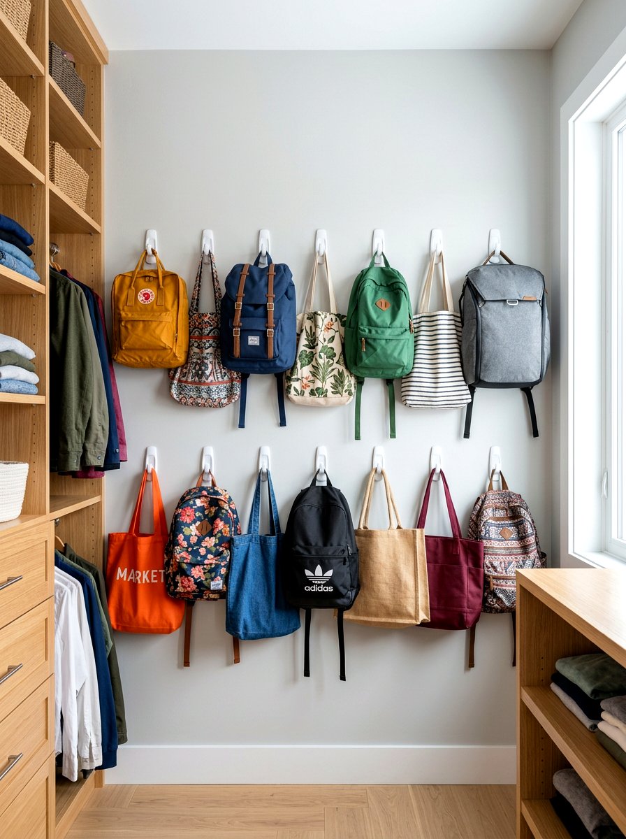 Command hooks for bags - 30 organizing a coat closet ideas