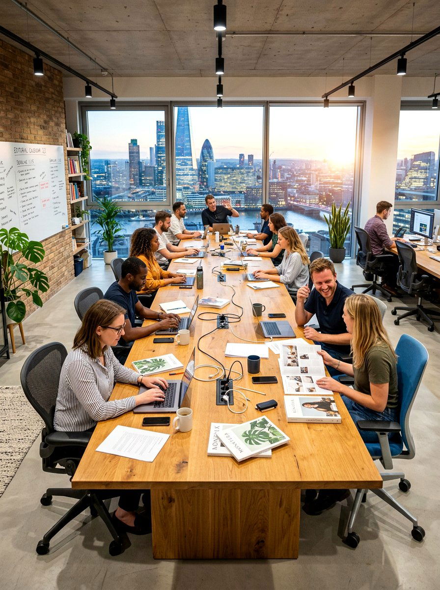 Communal editorial work table setup - 30 editorial office ideas