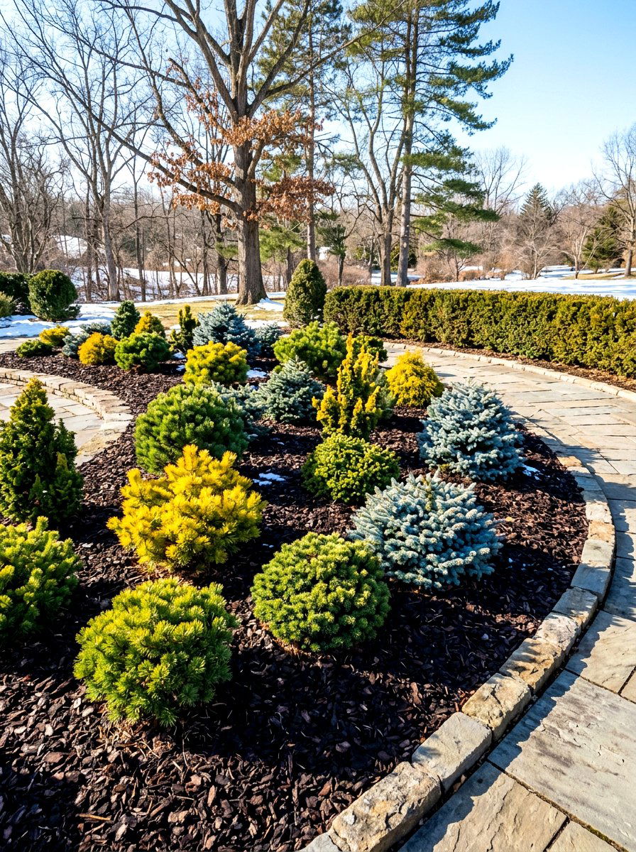 Compact Dwarf Conifer Winter Interest Beds - 30 foundation flower bed ideas