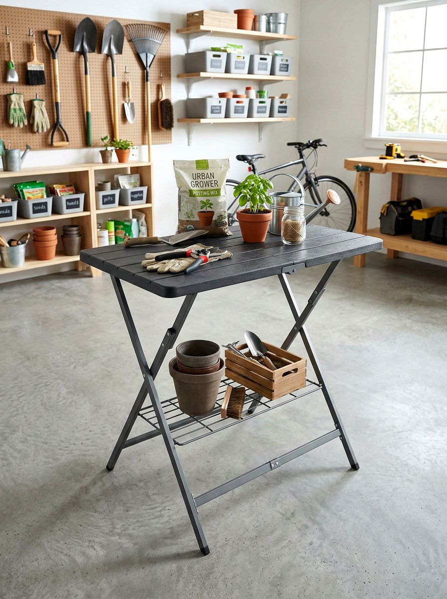 Compact Folding Potting Table - 30 garage gardening station ideas