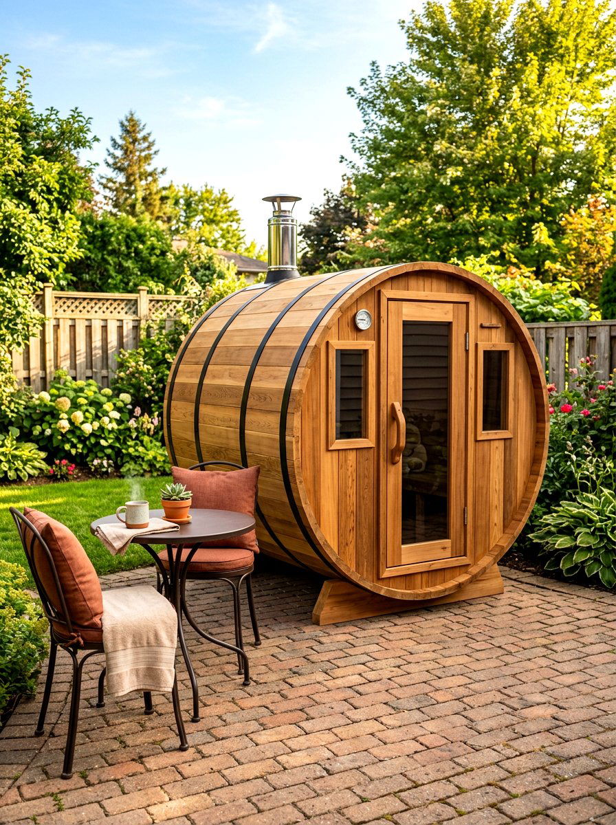 Compact barrel sauna for patio - 30 outdoor sauna backyard ideas aesthetic
