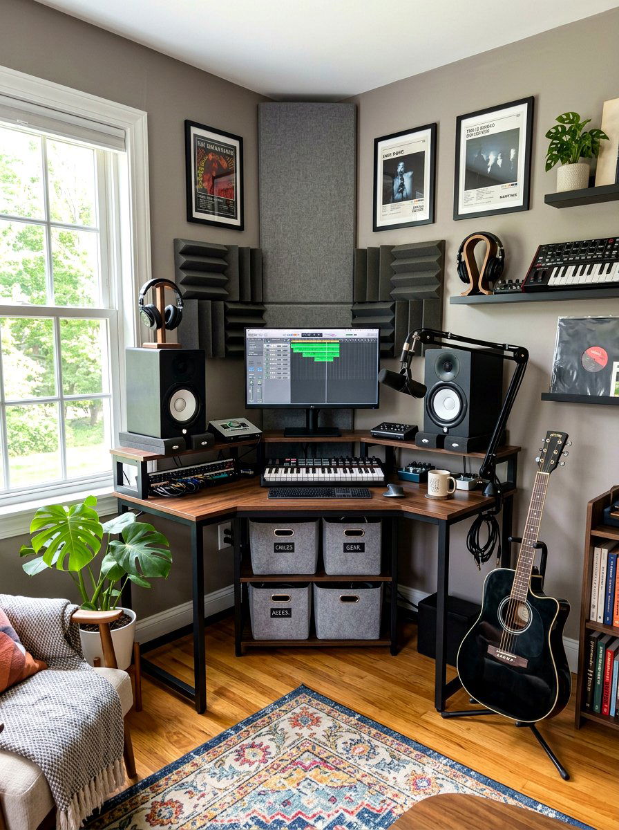 Compact corner recording desk - 30 recording room ideas