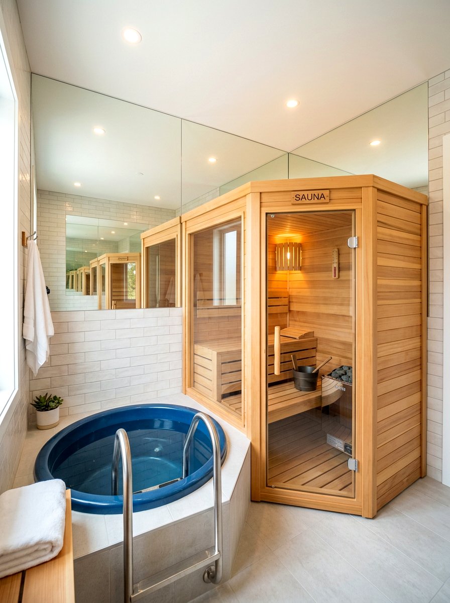 Compact corner sauna and bath - 30 contrast therapy room ideas