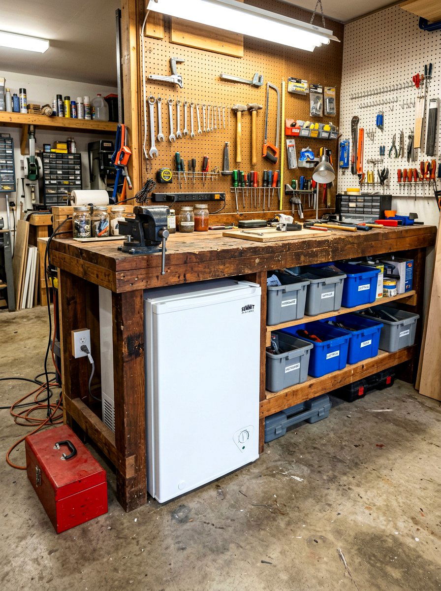 Compact freezer under workbench - 30 garage freezer corner ideas