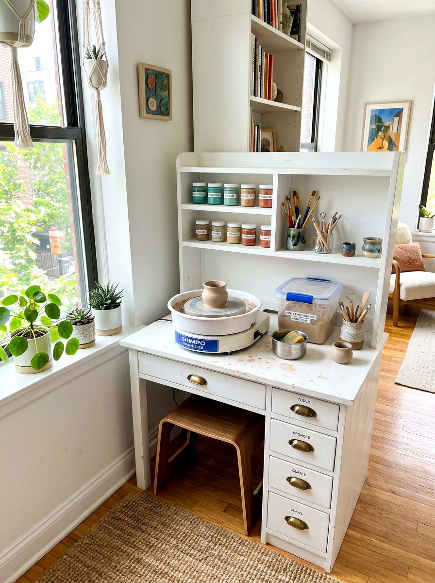 Compact pottery studio desk - 30 pottery room ideas