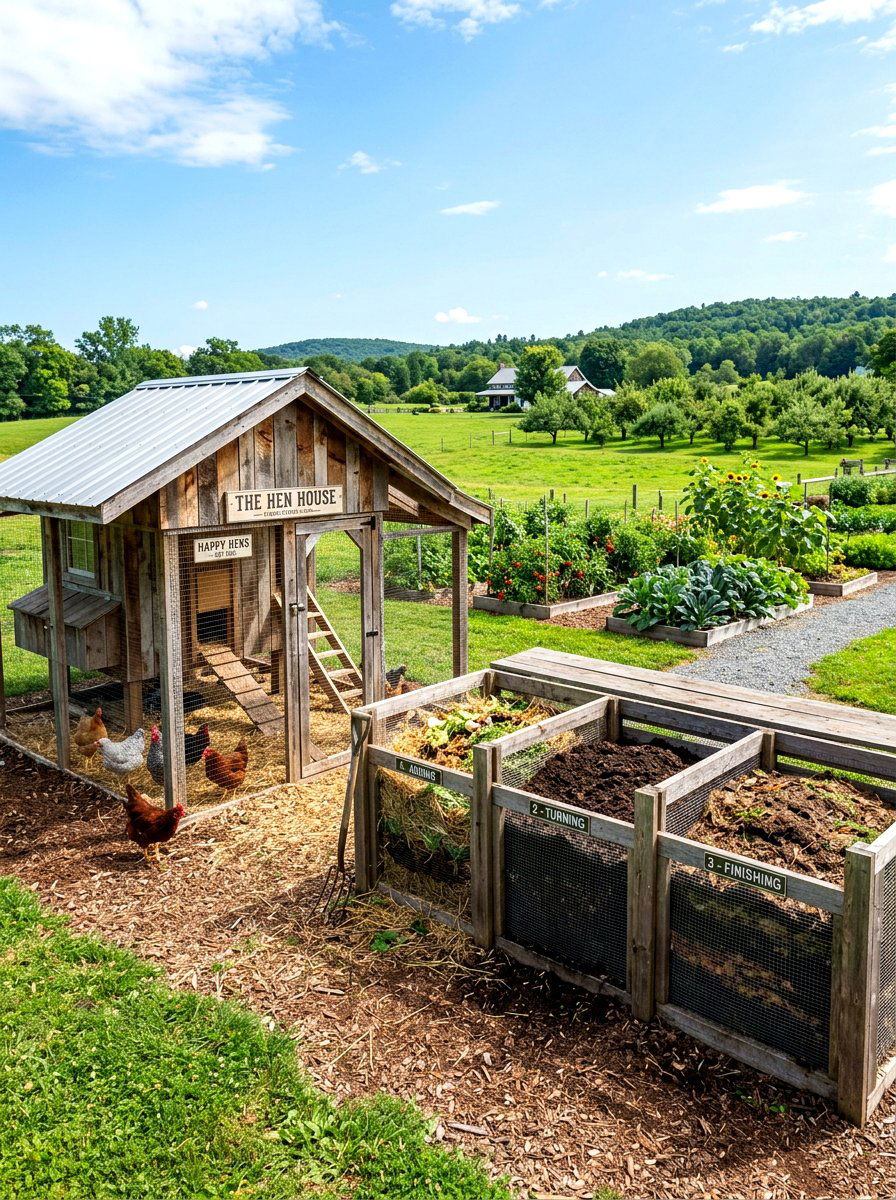 Composting area next to chicken coop - 30 backyard coop garden ideas