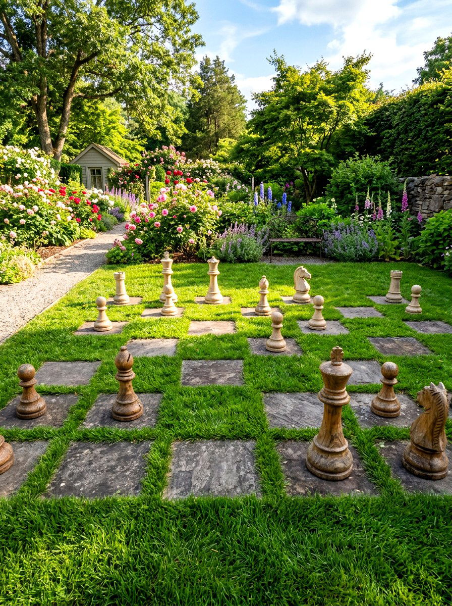 Concrete And Grass Chess Board - 30 outdoor chess garden ideas