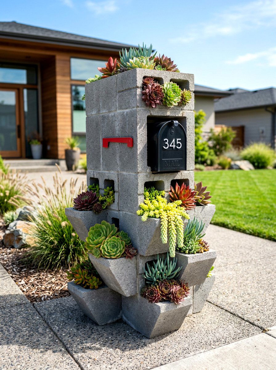 Concrete Block Mailbox Planter - 30 mailbox flower bed ideas