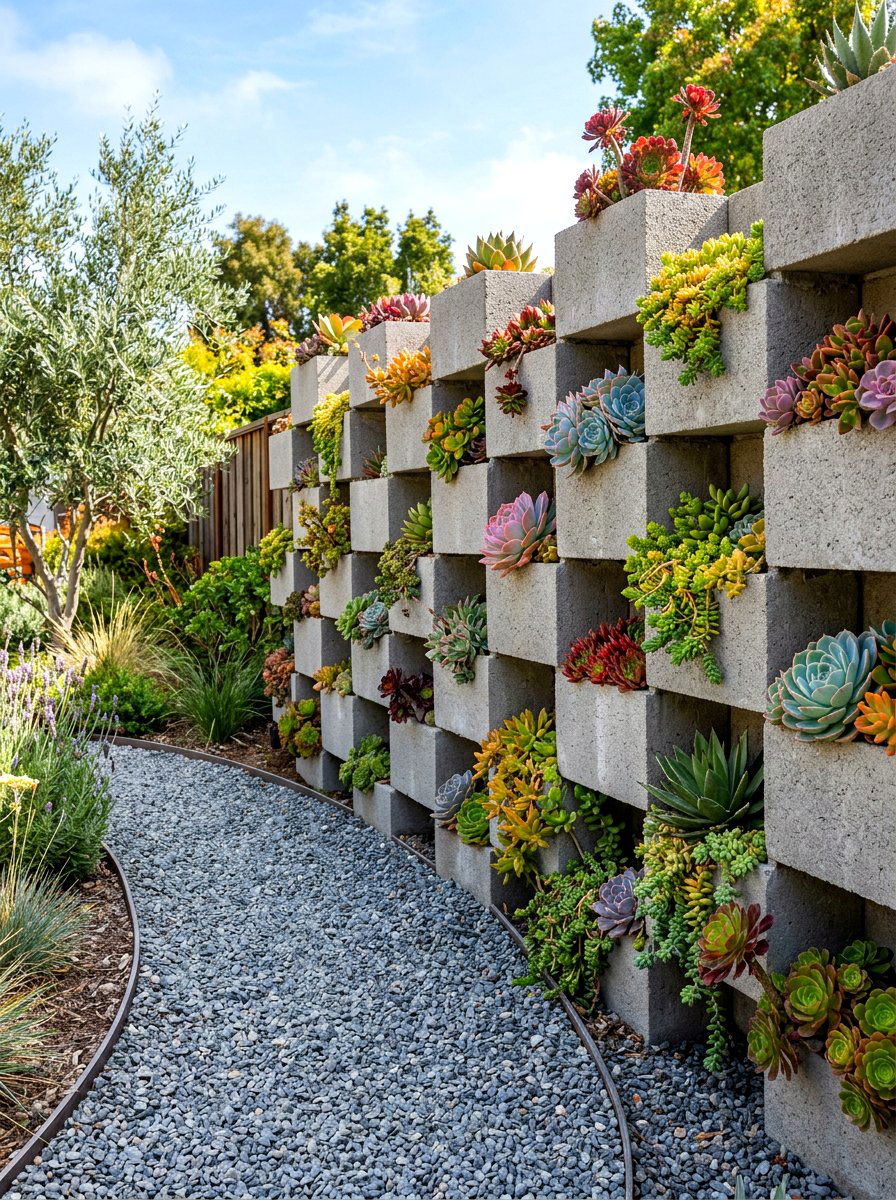 Concrete Block Succulent Wall - 30 vertical succulent garden ideas