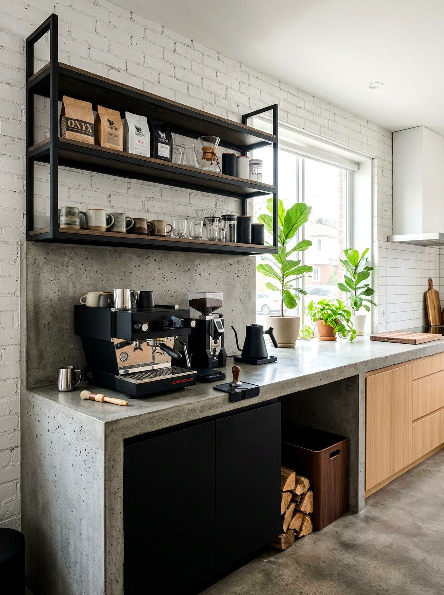Concrete Counter Coffee Station - 30 coffeehouse kitchen corner ideas