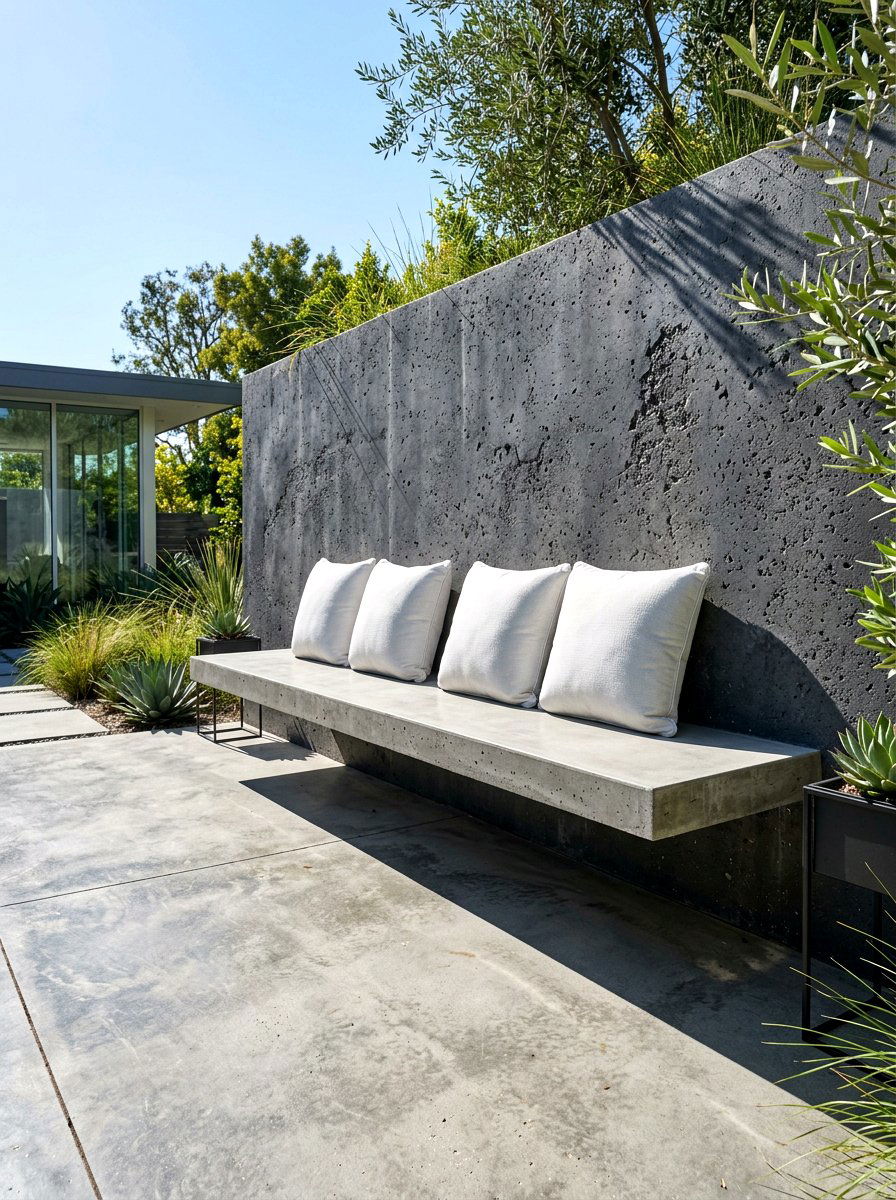 Concrete Floating Bench - 30 built in bench backyard ideas
