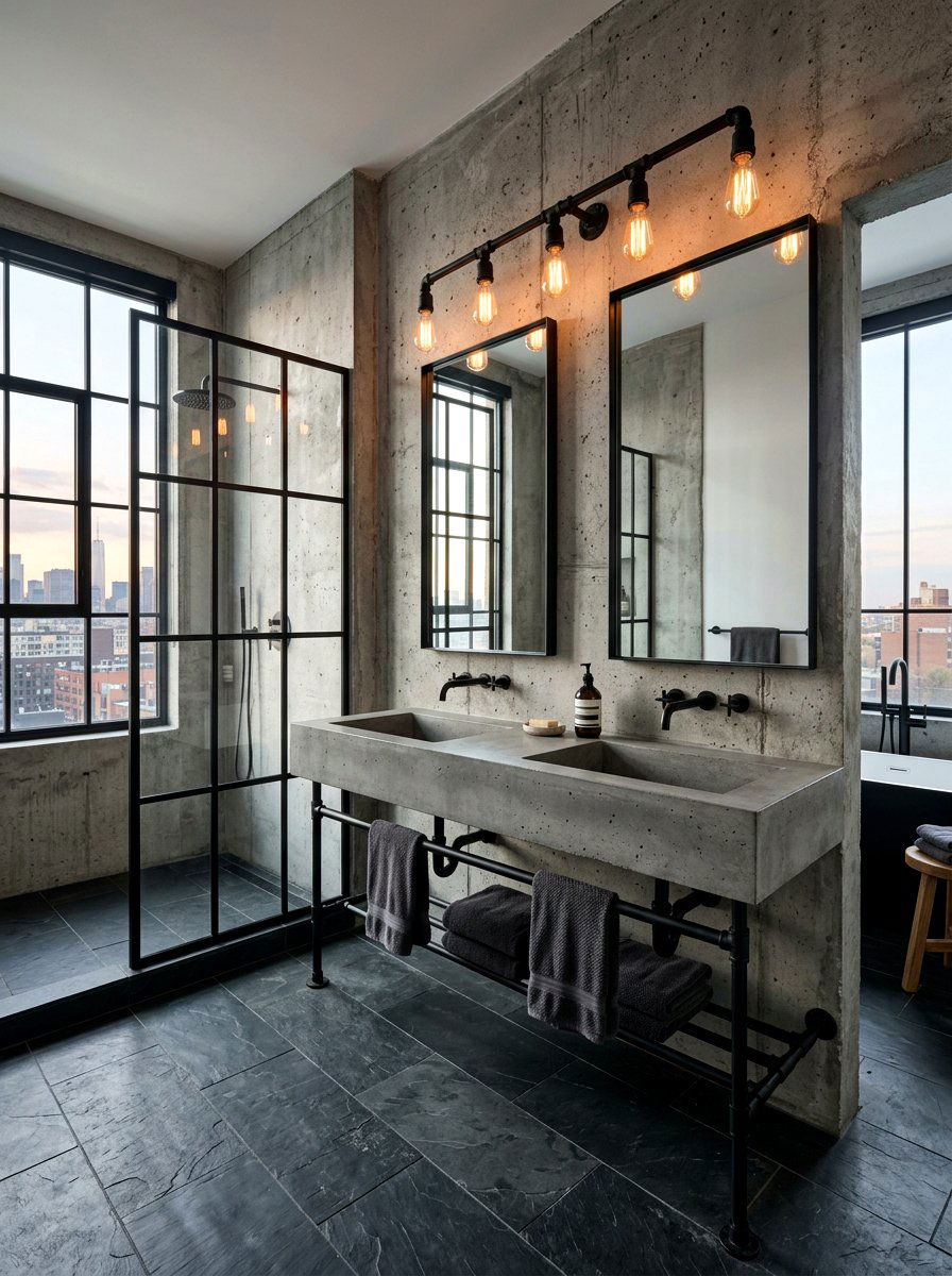 Concrete Industrial Master Bathroom - 30 double vanity ideas