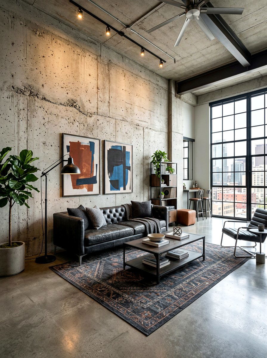 Concrete Industrial Wall - 30 tall ceiling living room ideas
