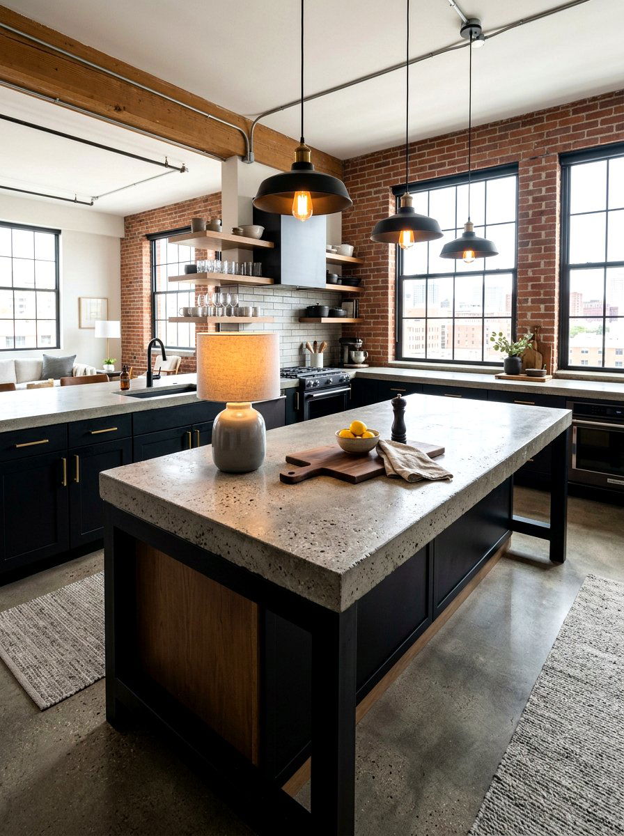 Concrete Kitchen Island Top - 30 moody lamp lit kitchen ideas