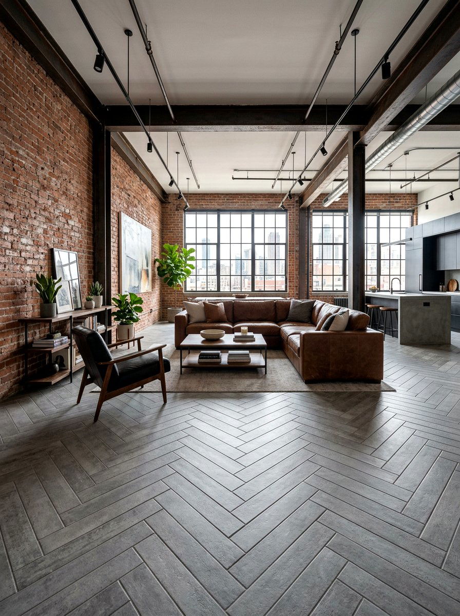 Concrete Look Herringbone Industrial Loft - 30 herringbone floor ideas