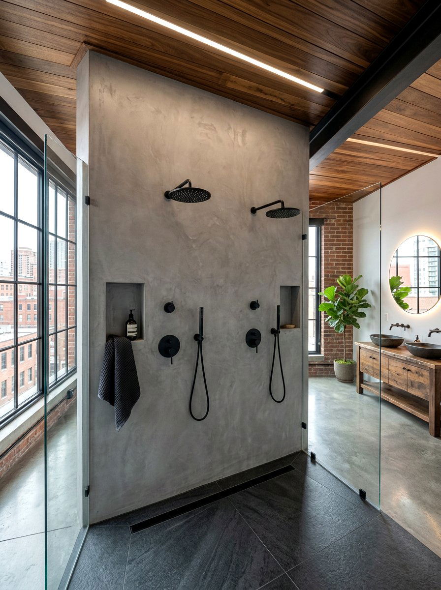 Concrete Look Shower Wall - 30 double shower wall ideas