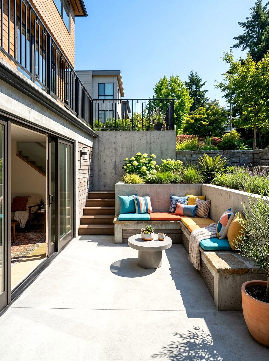 Concrete Patio With Built In Bench - 30 walkout basement patio ideas