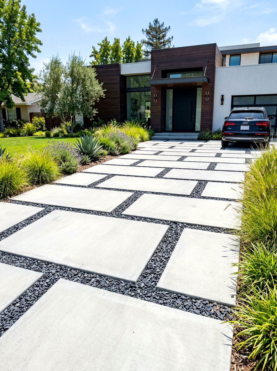 Concrete Paver Gravel Inlay - 30 gravel front yard landscaping ideas