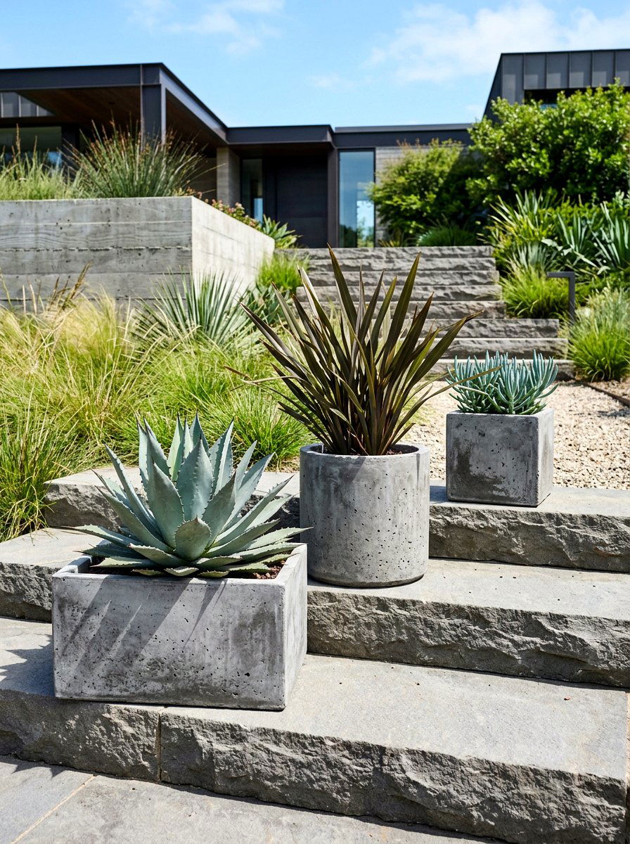 Concrete Planter Sets - 30 front steps decor ideas
