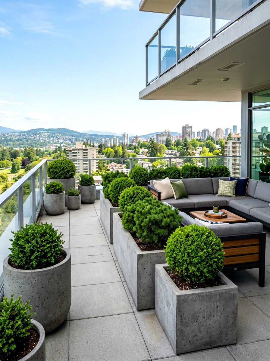 Concrete Planters With Hardy Evergreens - 30 balcony privacy planter ideas